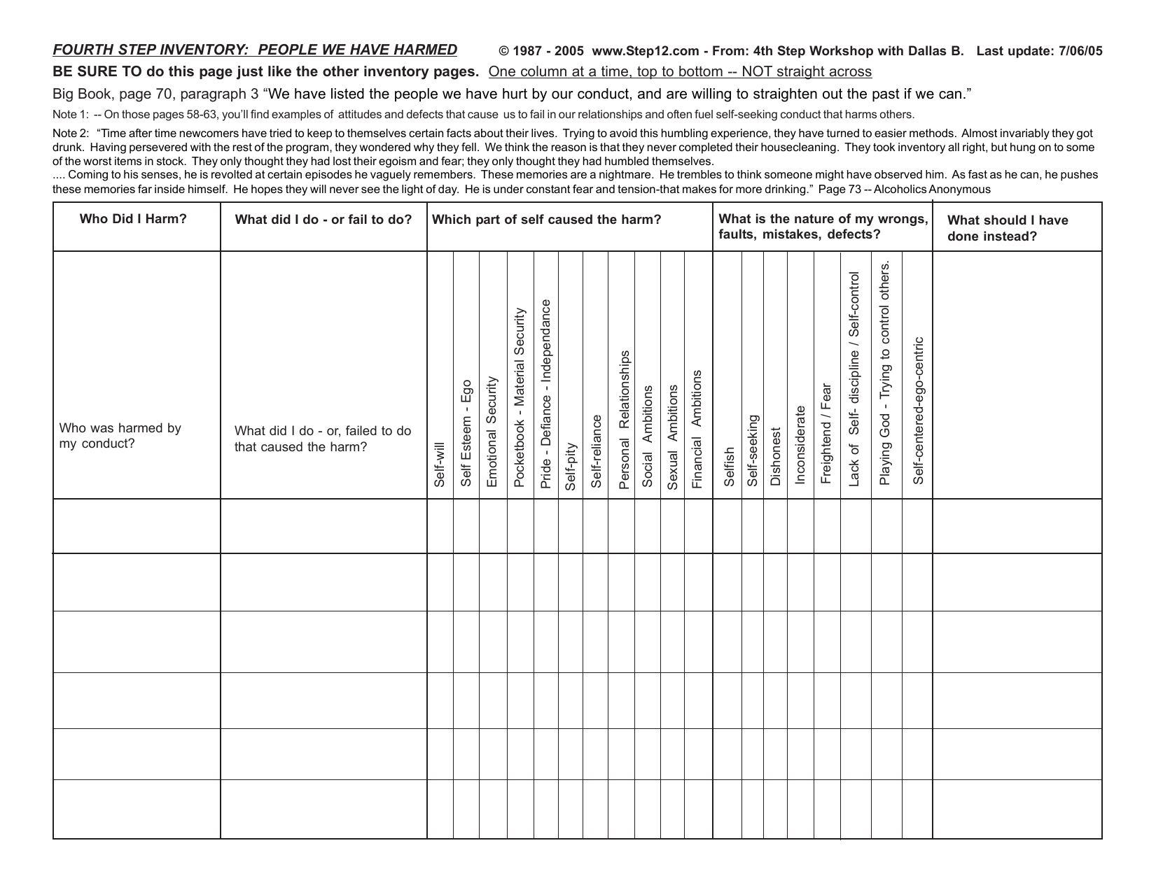 Aa 4Th Step Inventory Worksheets Printable And Enjoyable Learning