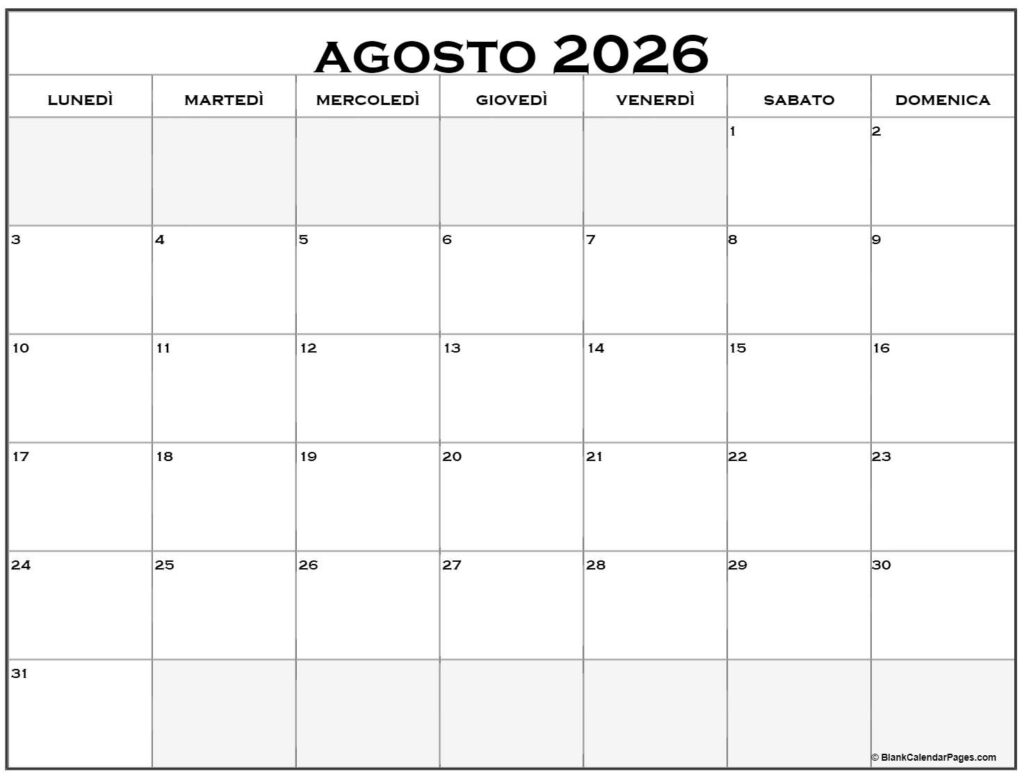 Agosto 2026 Calendario Gratis Italiano Calendario Agosto