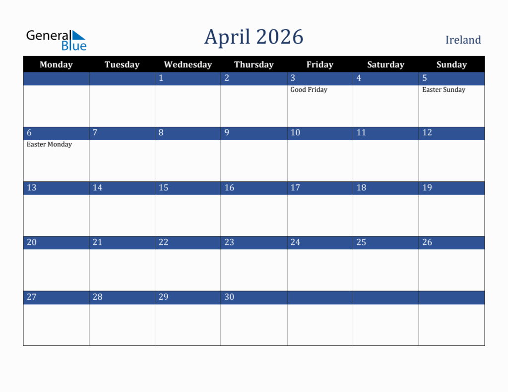 April 2026 Ireland Holiday Calendar