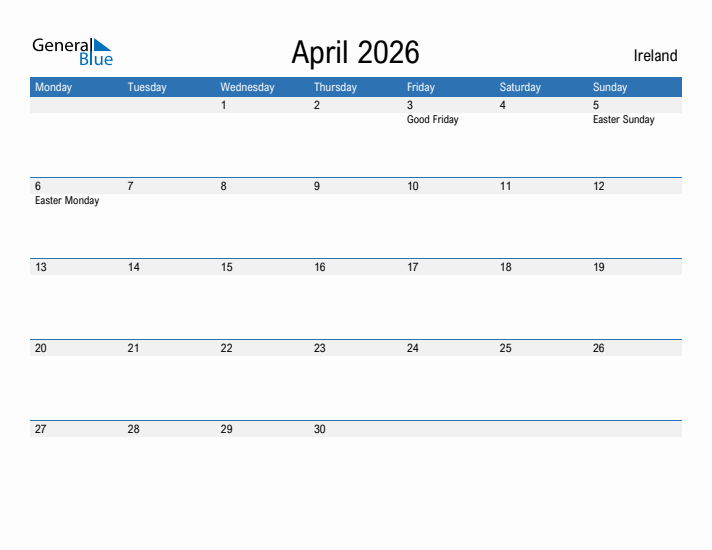 April 2026 Ireland Monthly Calendar With Holidays