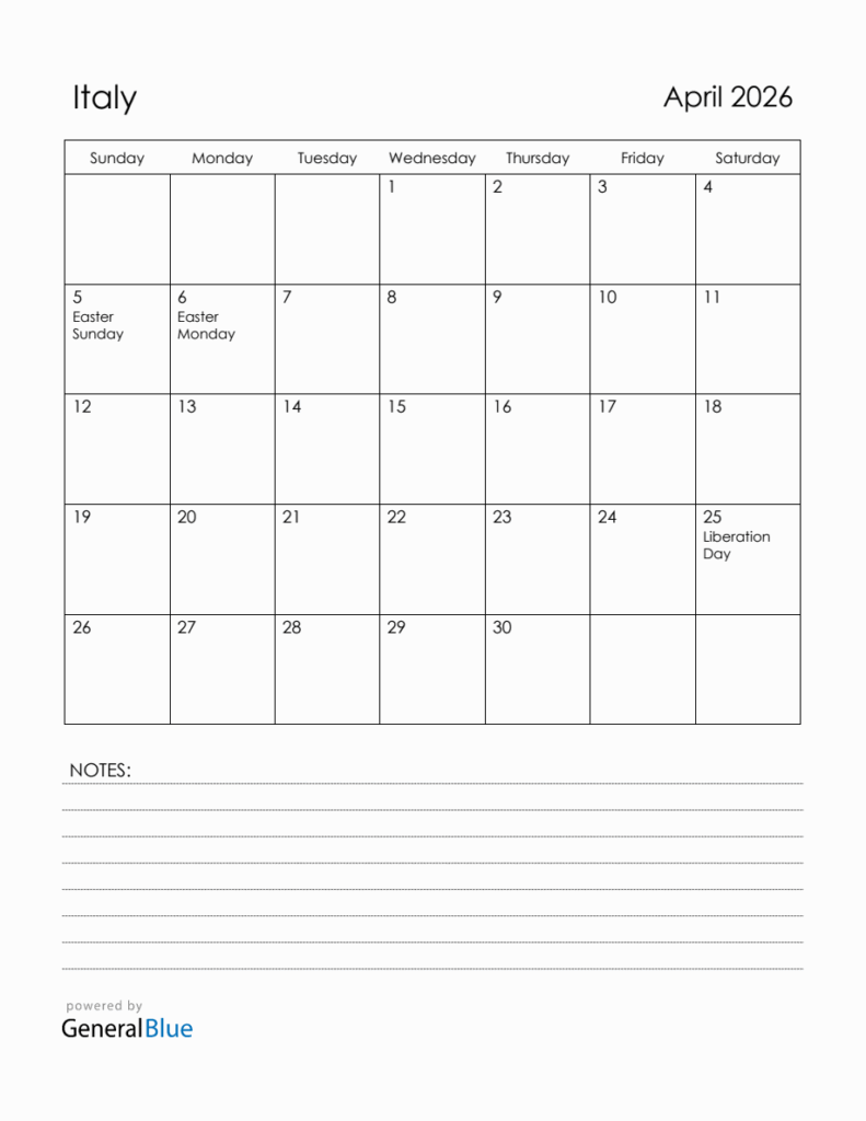 April 2026 Italy Calendar With Holidays