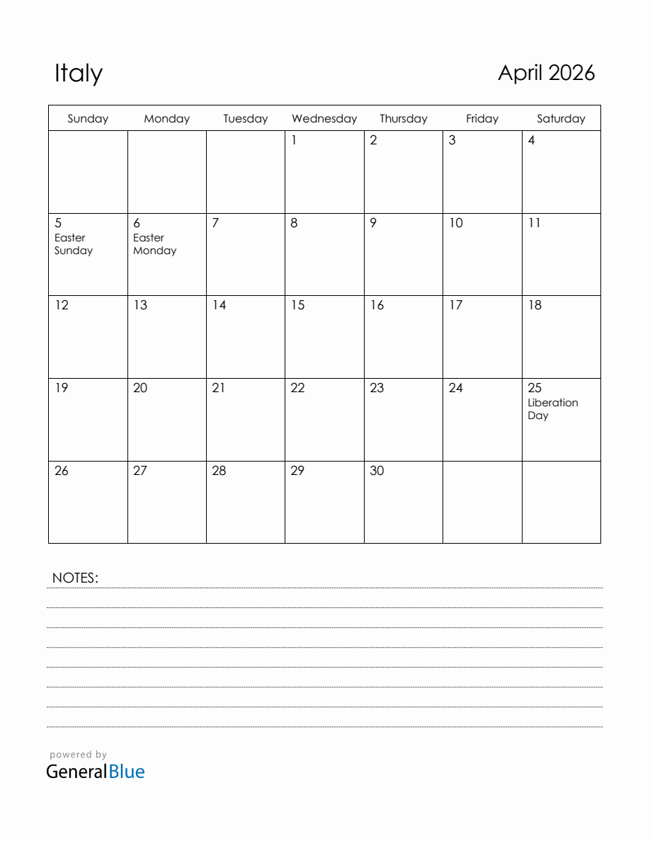 April 2026 Italy Calendar With Holidays