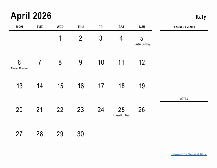 April 2026 Planner With Italy Holidays
