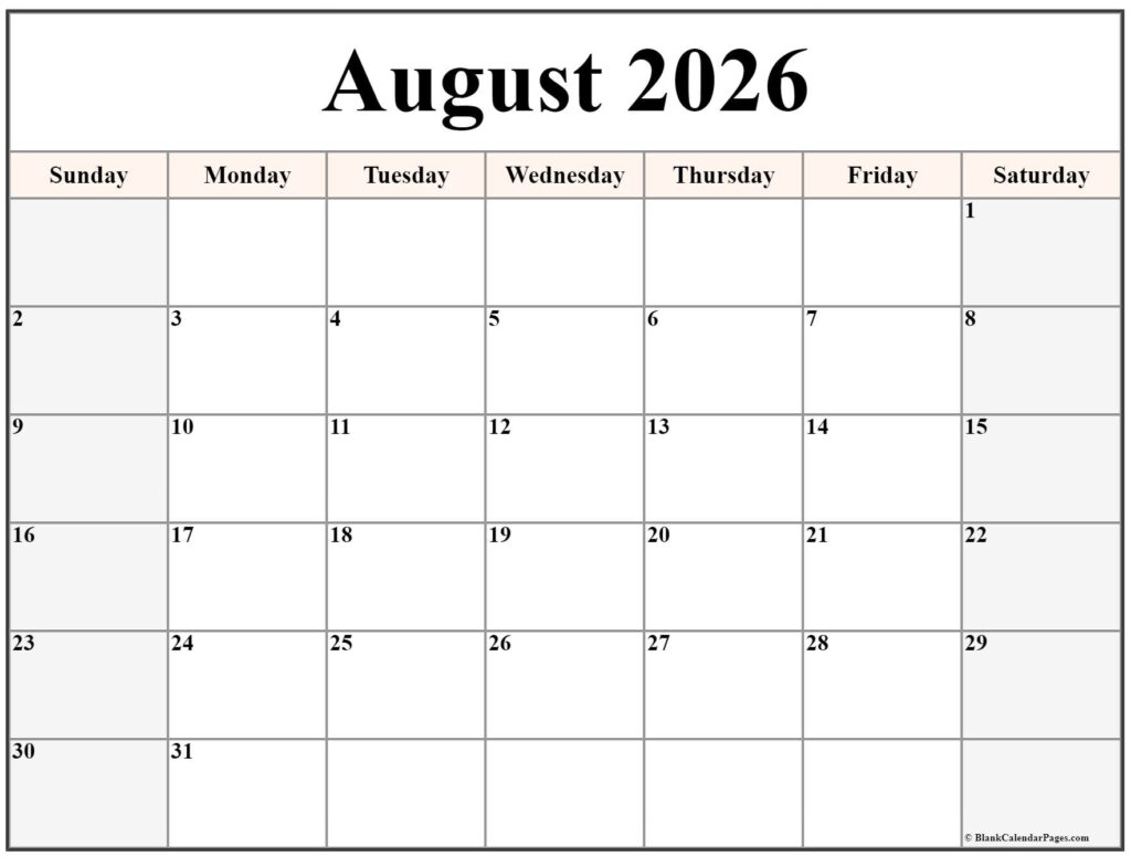 August 2026 Calendar Free Printable Calendars