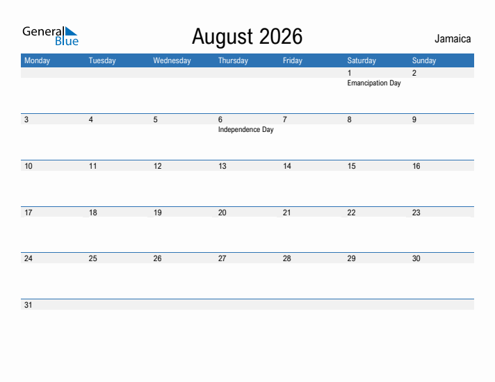 August 2026 Jamaica Monthly Calendar With Holidays
