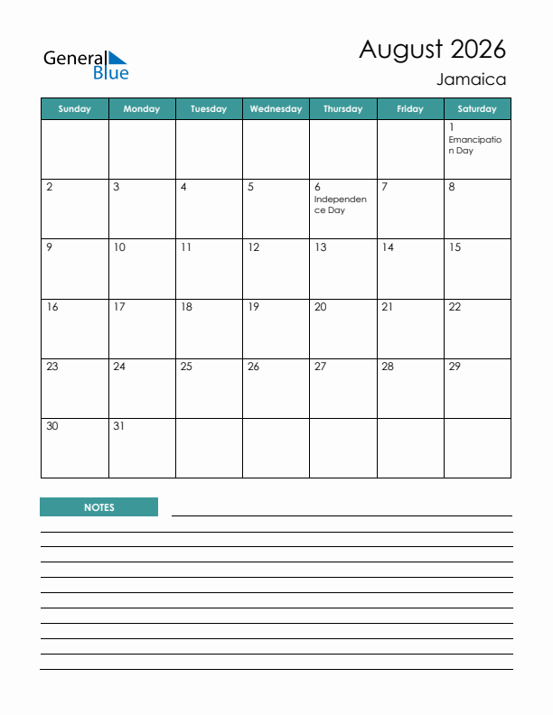 August 2026 Monthly Calendar With Jamaica Holidays