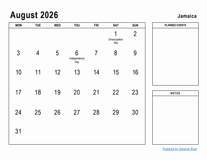 August 2026 Planner With Jamaica Holidays