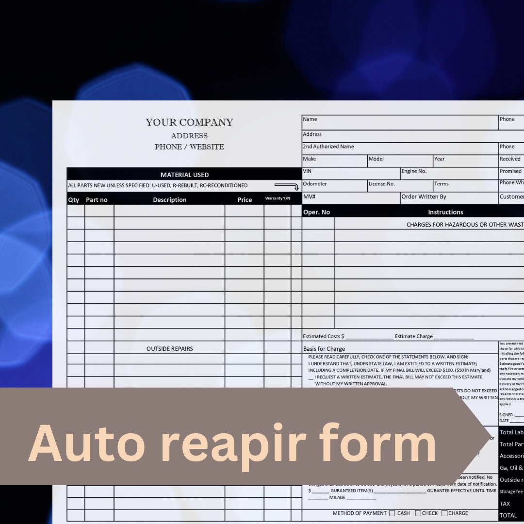 Auto Repair Form Template Auto Repair Service Form Printable 