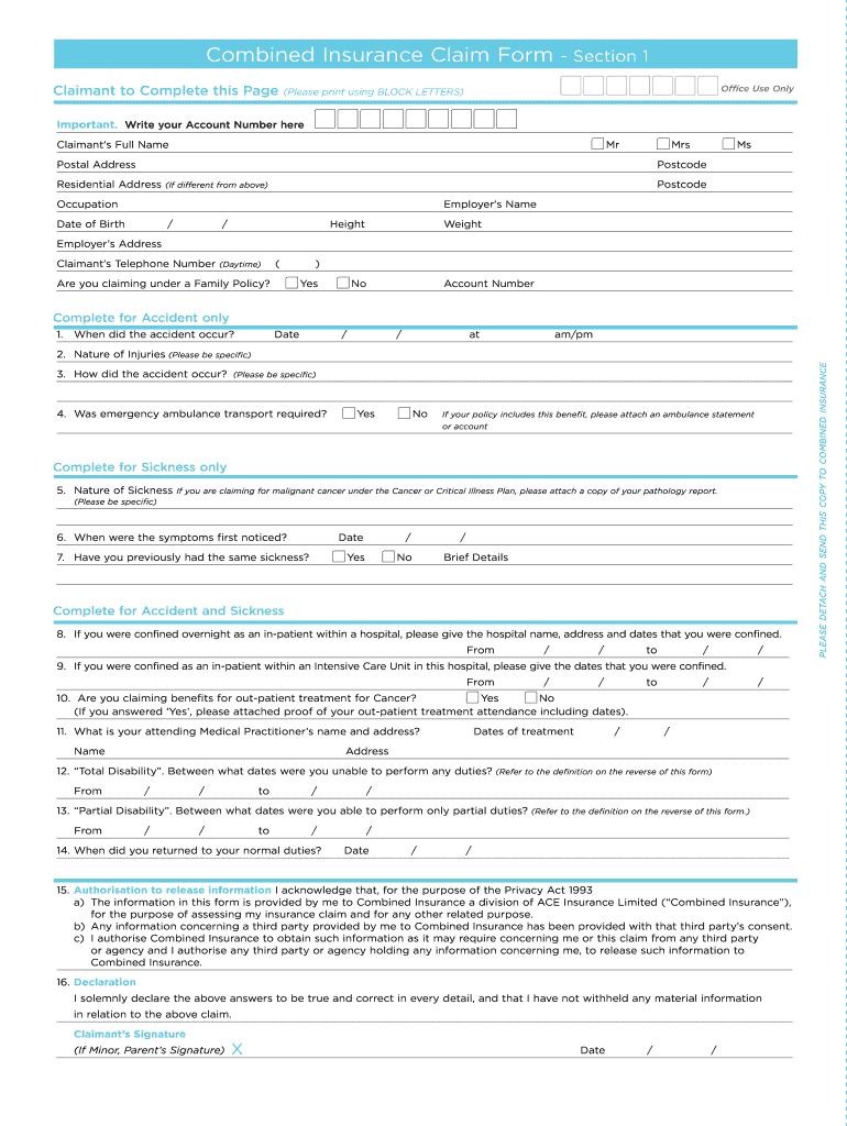 Combined Insurance Claim Form Fill Online Printable Fillable Blank 