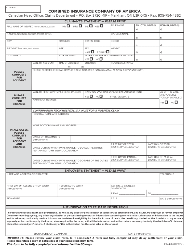 Combined Insurance Printable Claim Forms Printable Forms Free Online