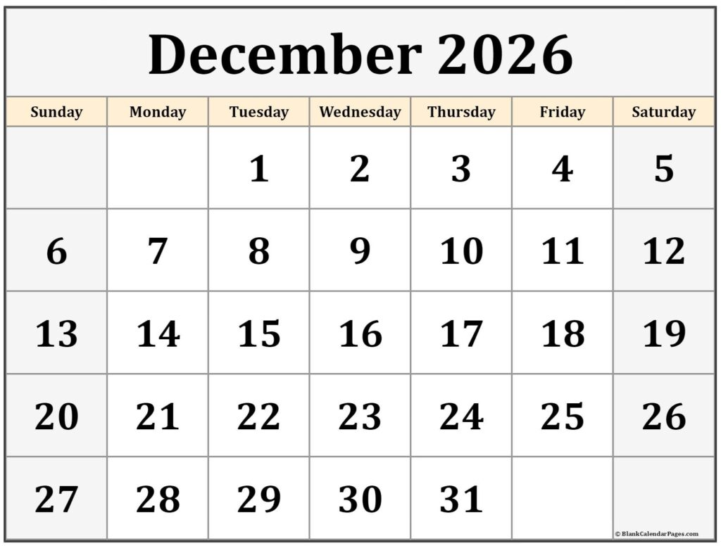 December 2026 Calendar Free Printable Calendars