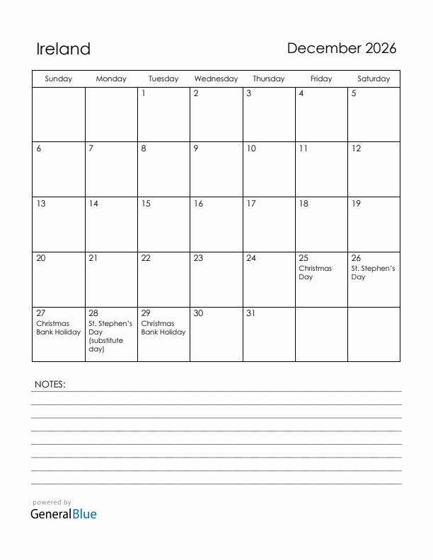 December 2026 Monthly Calendar With Ireland Holidays
