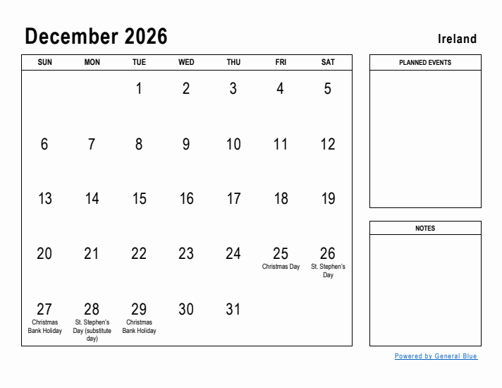 December 2026 Monthly Calendar With Ireland Holidays