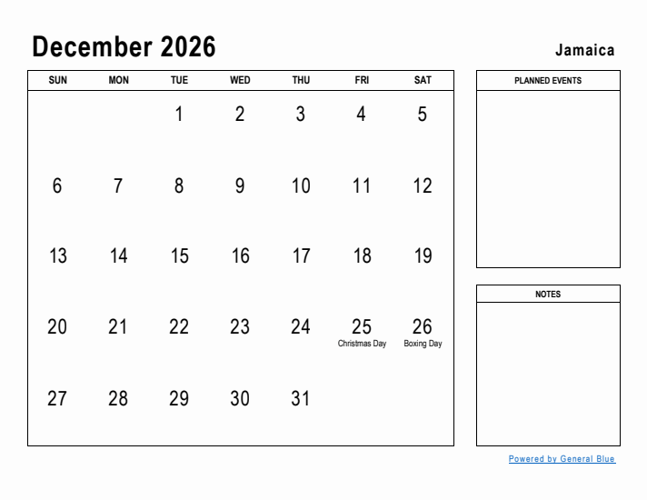 December 2026 Monthly Calendar With Jamaica Holidays