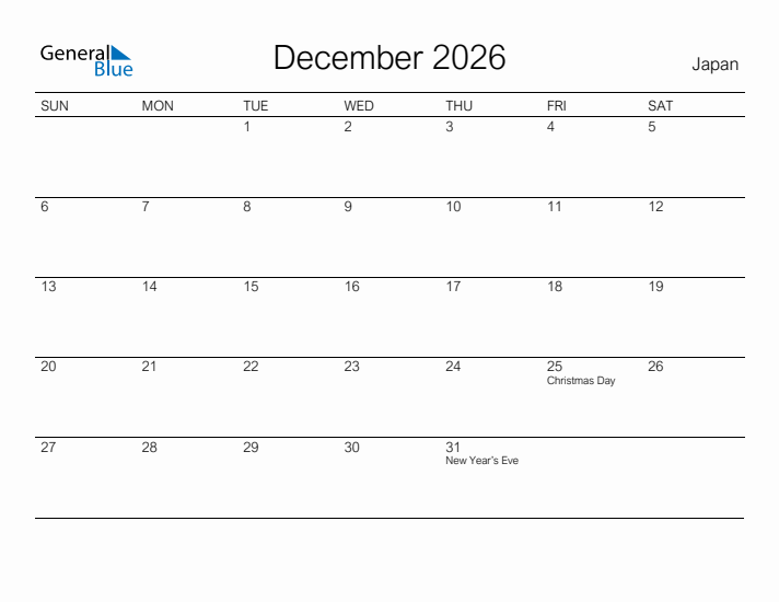 December 2026 Monthly Calendar With Japan Holidays