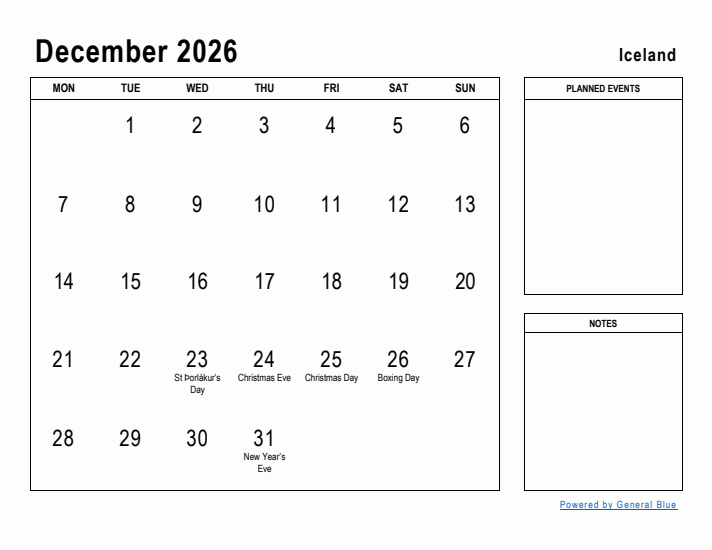 December 2026 Planner With Iceland Holidays