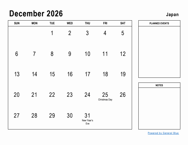 December 2026 Planner With Japan Holidays