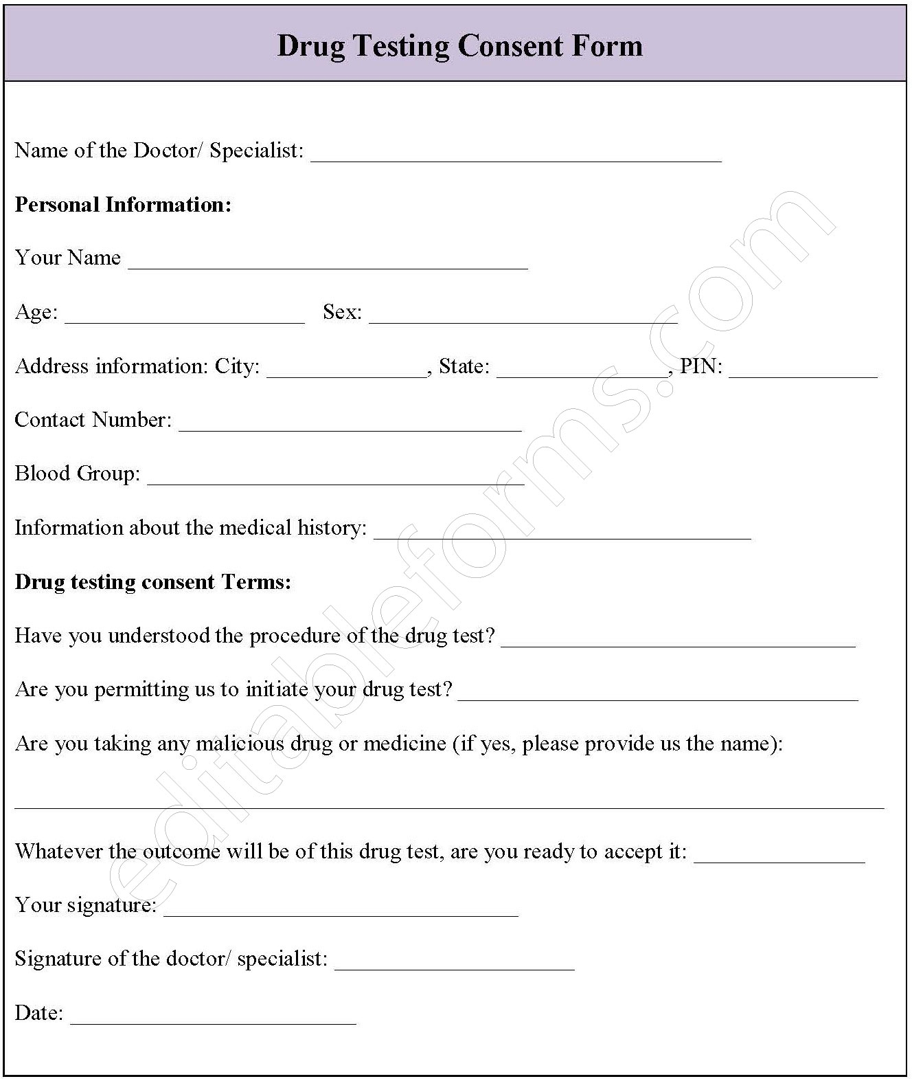 Drug Testing Consent Form Editable PDF Forms Drug Testing Consent Form Editable PDF Forms