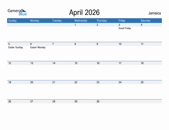 Editable April 2026 Calendar With Jamaica Holidays