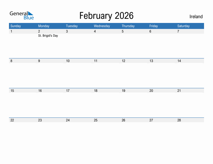 Editable February 2026 Calendar With Ireland Holidays