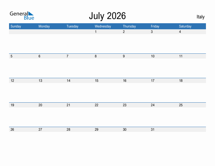 Editable July 2026 Calendar With Italy Holidays