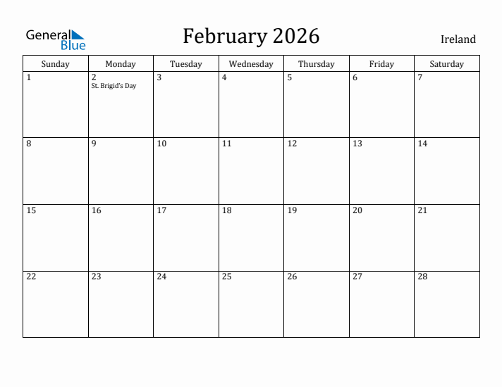 February 2026 Monthly Calendar With Ireland Holidays