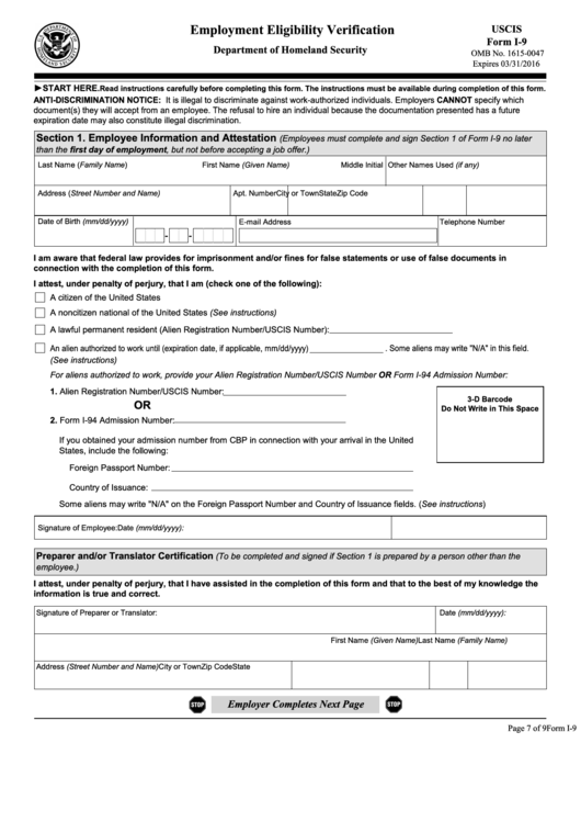 Fillable Form I 9 Employment Eligibility Verification Printable Pdf 