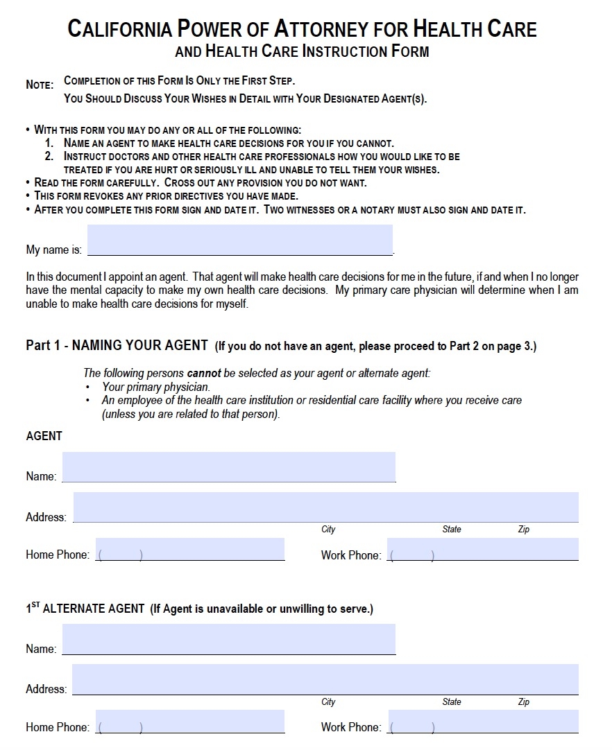 Free Blank Printable Medical Power Of Attorney Forms California