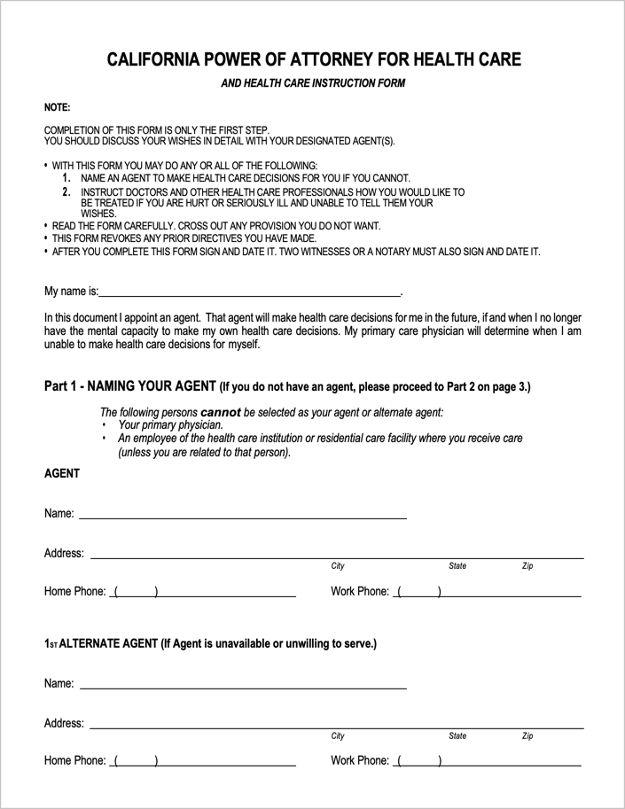 Free Blank Printable Medical Power Of Attorney Forms California 