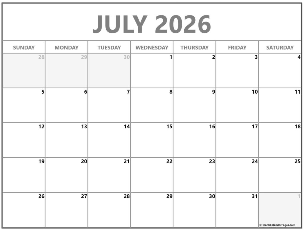 Free Calendar July 2026 Printable
