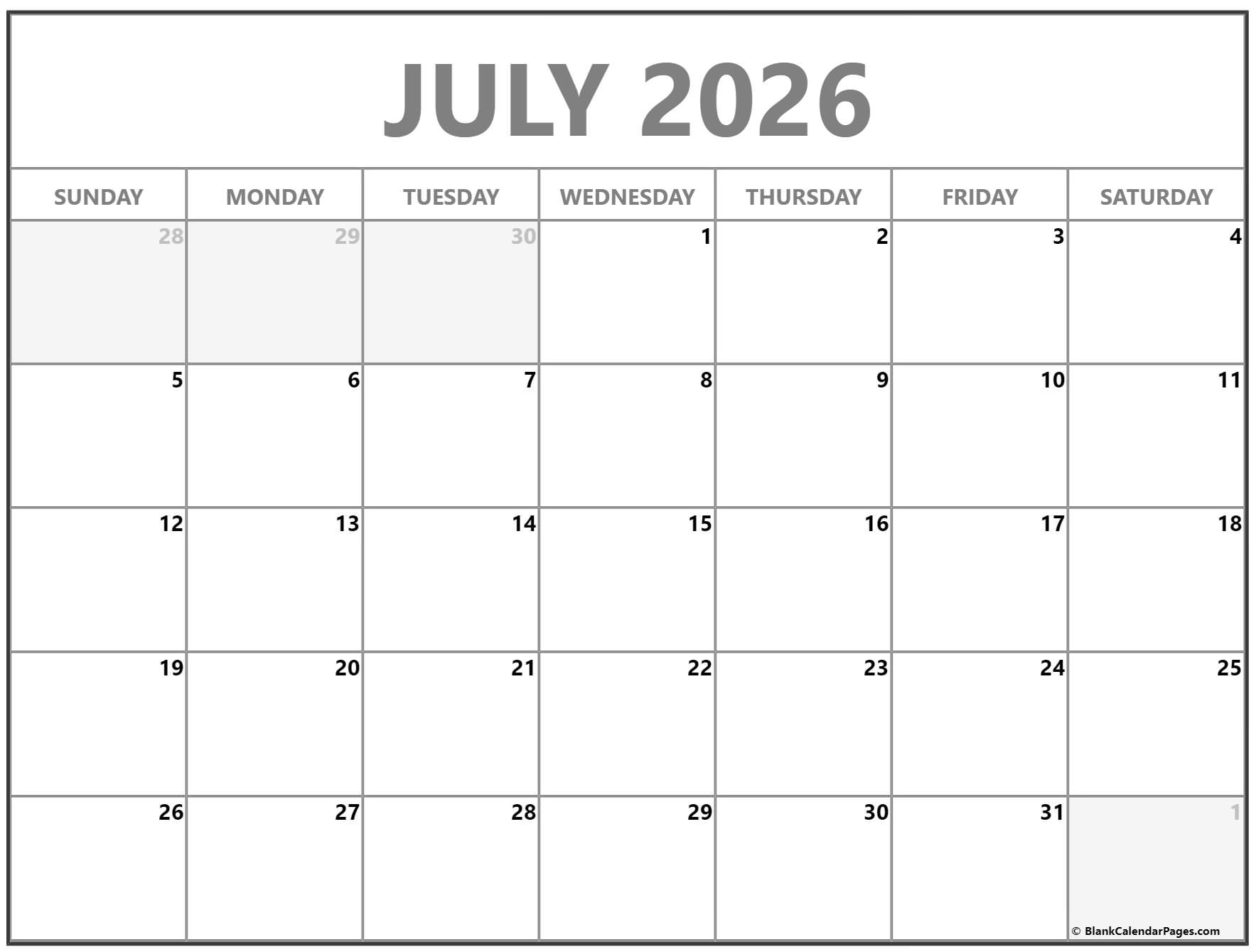Free Calendar July 2026 Printable