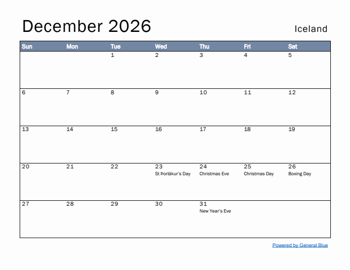 Free Monthly Calendar Template For December 2026 With Iceland Holidays