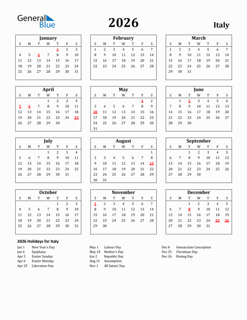 Free Printable 2026 Italy Holiday Calendar