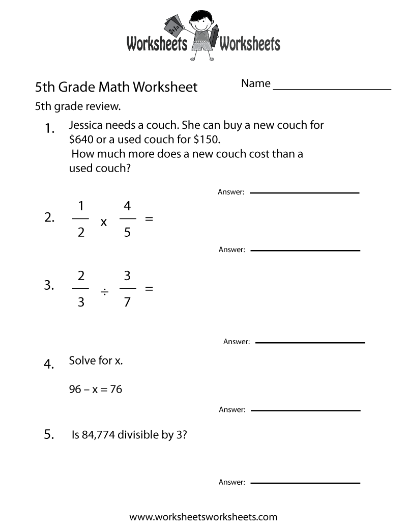 Free Printable 5Th Grade Math Worksheets