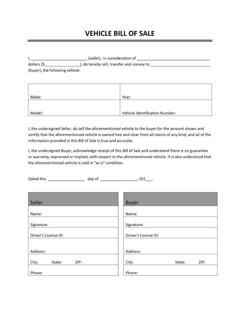 Free Printable Car Bill Of Sale Form GENERIC