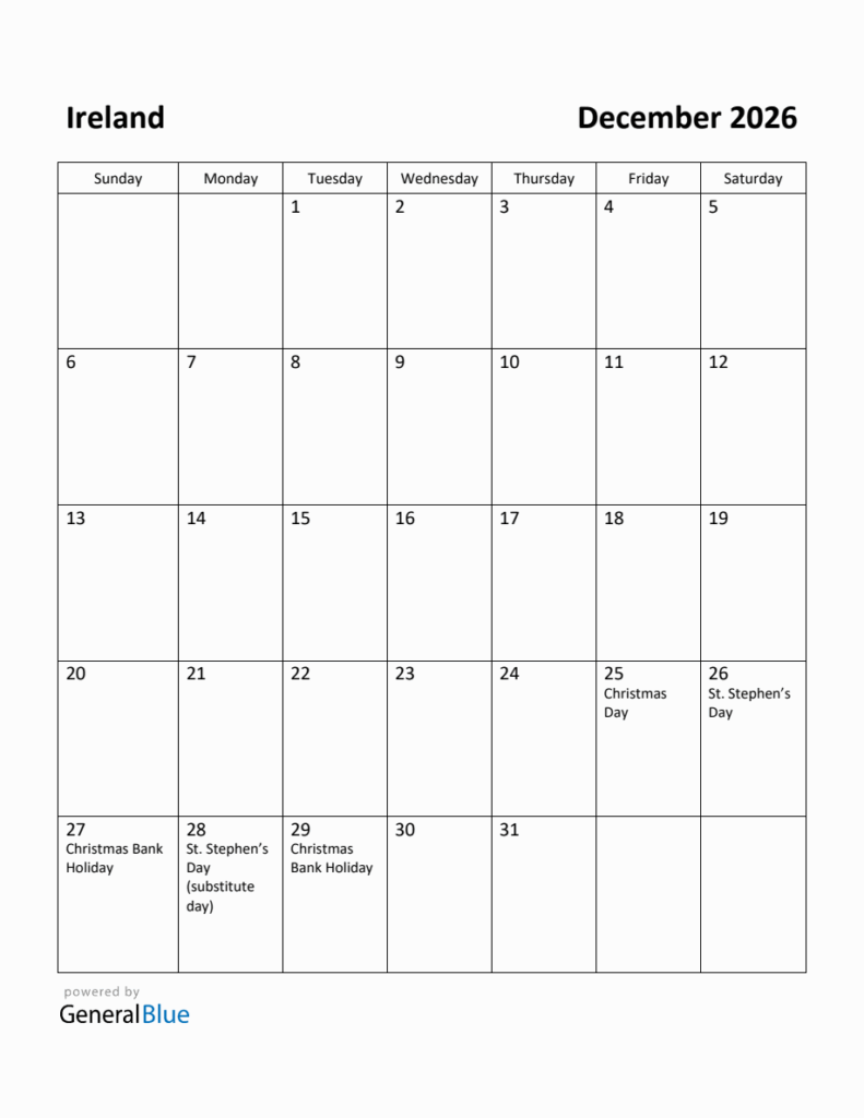 Free Printable December 2026 Calendar For Ireland