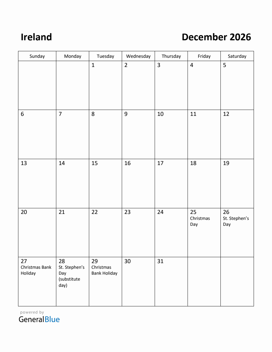 Free Printable December 2026 Calendar For Ireland