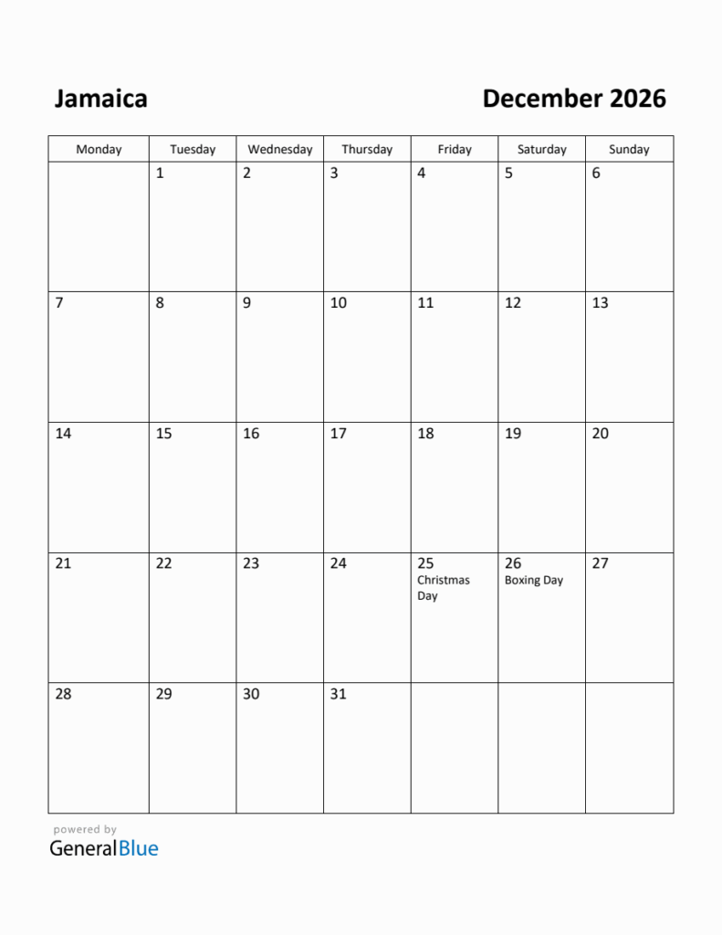 Free Printable December 2026 Calendar For Jamaica