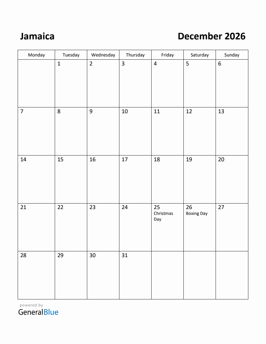 Free Printable December 2026 Calendar For Jamaica