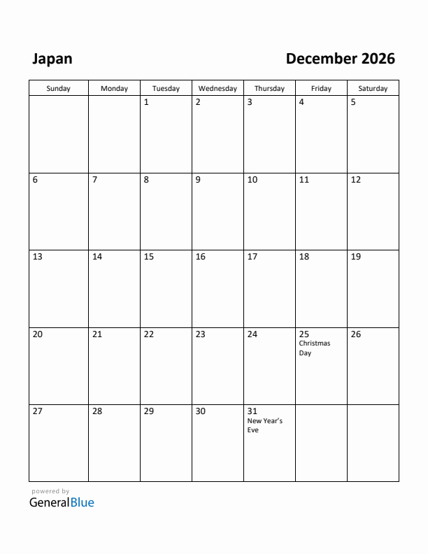 Free Printable December 2026 Calendar For Japan