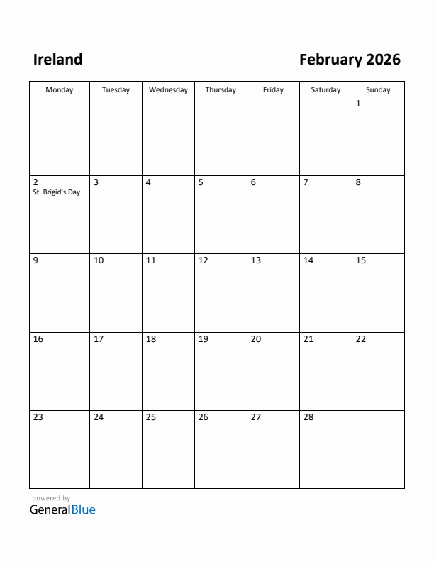 Free Printable February 2026 Calendar For Ireland