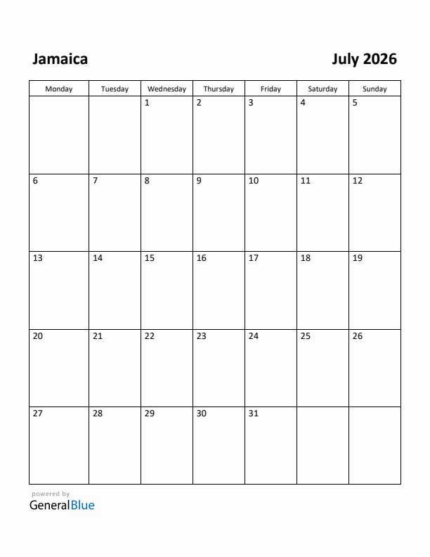 Free Printable July 2026 Calendar For Jamaica
