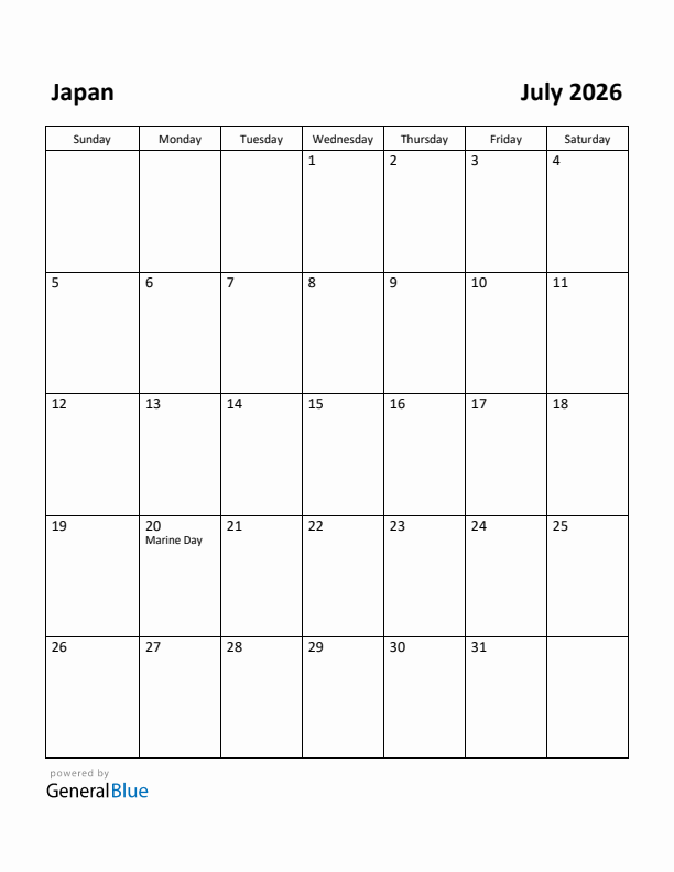 Free Printable July 2026 Calendar For Japan