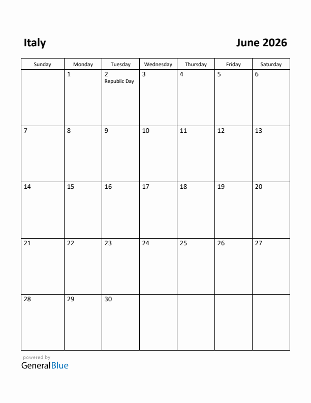 Free Printable June 2026 Calendar For Italy