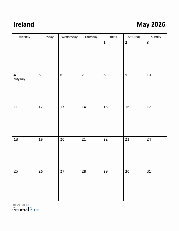 Free Printable May 2026 Calendar For Ireland