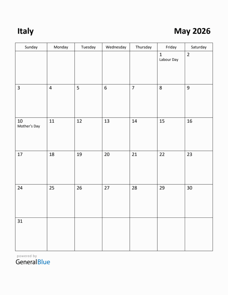 Free Printable May 2026 Calendar For Italy