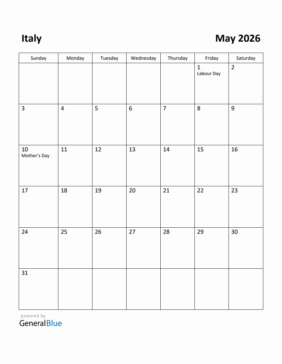 Free Printable May 2026 Calendar For Italy