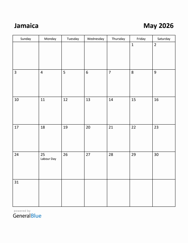 Free Printable May 2026 Calendar For Jamaica