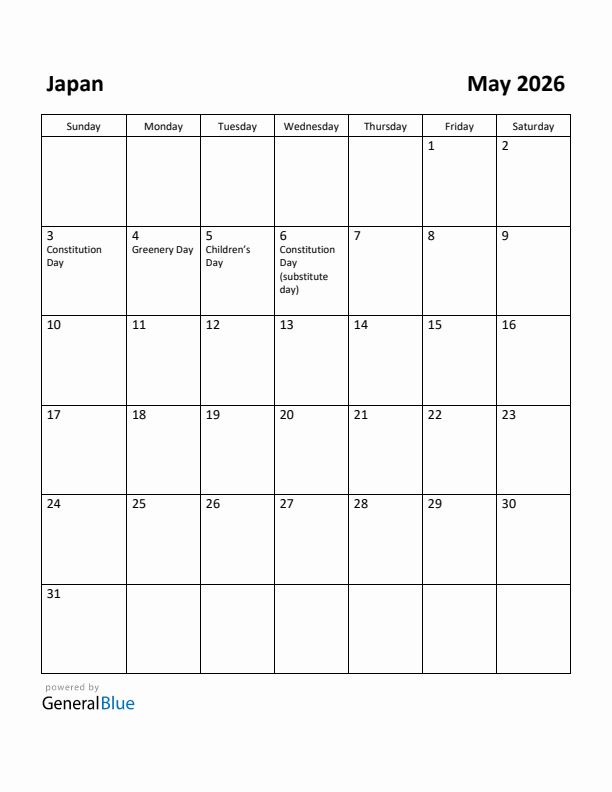Free Printable May 2026 Calendar For Japan