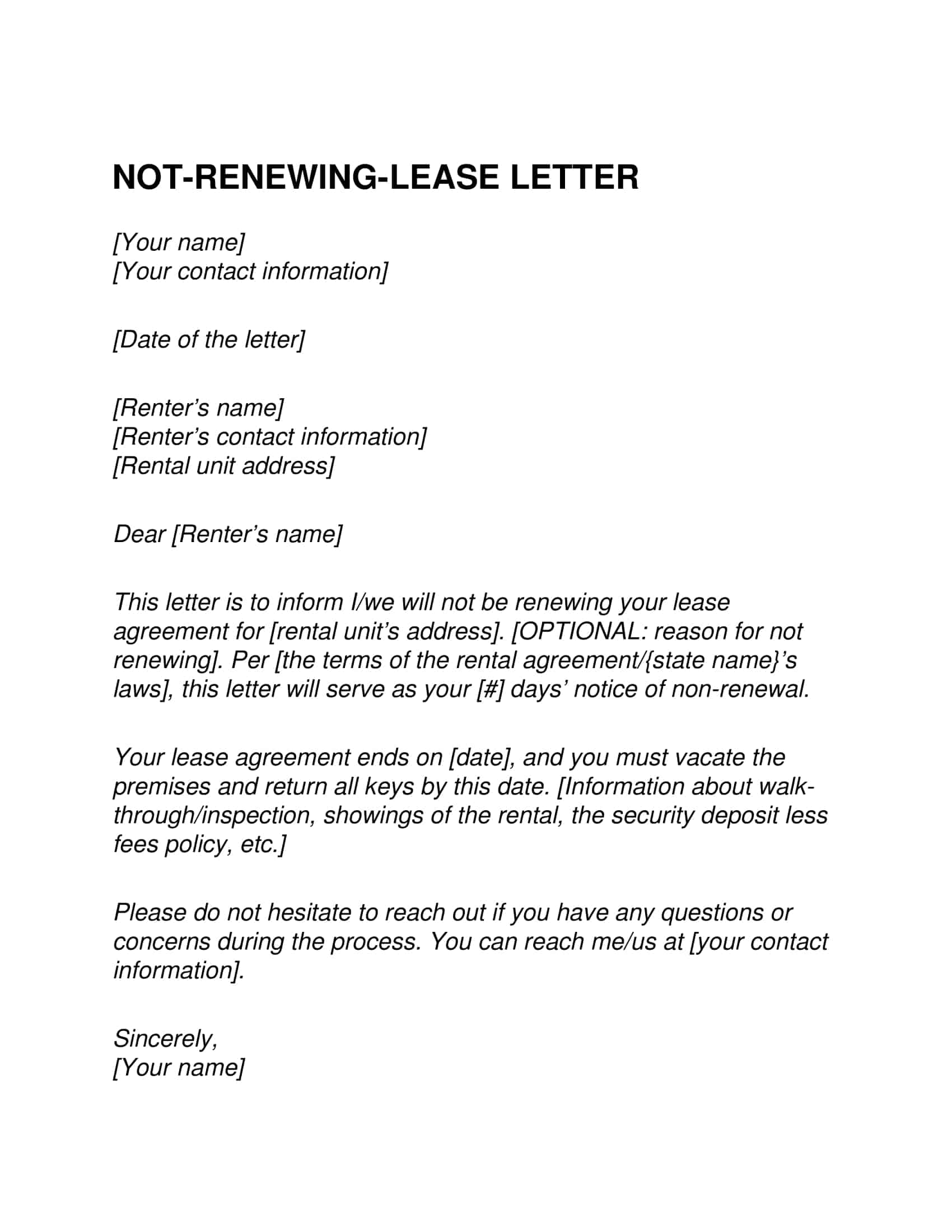 Free Printable Not Renewing Lease Letter Templates PDF Word Tenant 